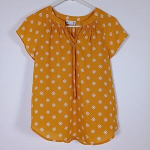 Liz Claiborne Pintuck Blouse Womens M Yellow White Floral Short Sleeve Top PS